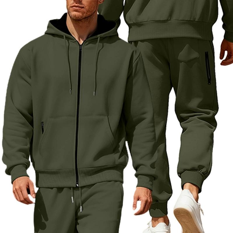 Ensemble de sport à capuche en polaire pour homme Automne Hiver Manches Longues Décontracté Fermeture éclair Thermique Confortable Respirant Vêtement d'extérieur