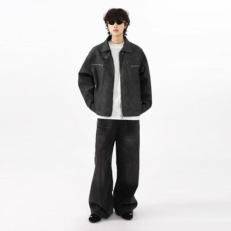 Men's Vintage Washed PU Leather Motorcycle Jacket - Loose Fit, High-End Vibe, Spring/Autumn