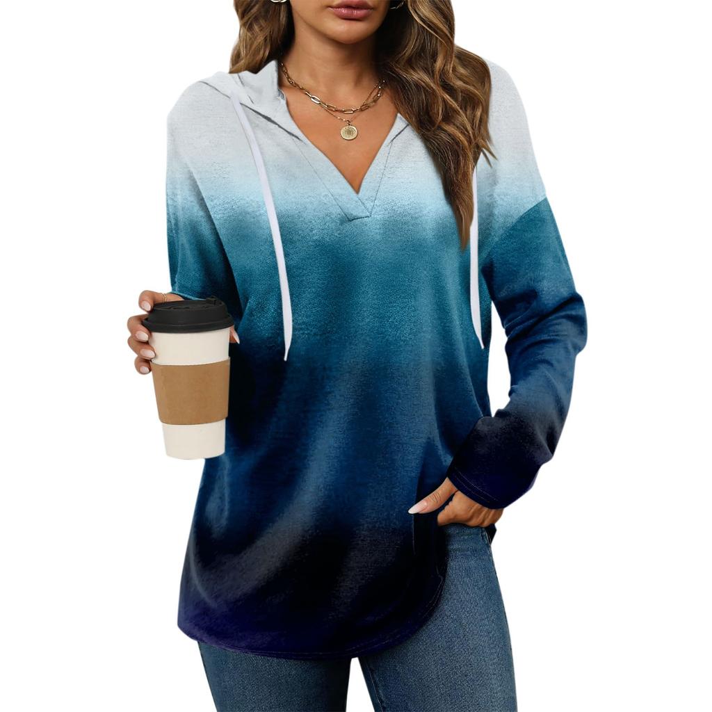 Women's Fashion Hoodies V Neck Long Sleeve Printed Sweatshirts Drawstring Casual Loose Pullover Tops