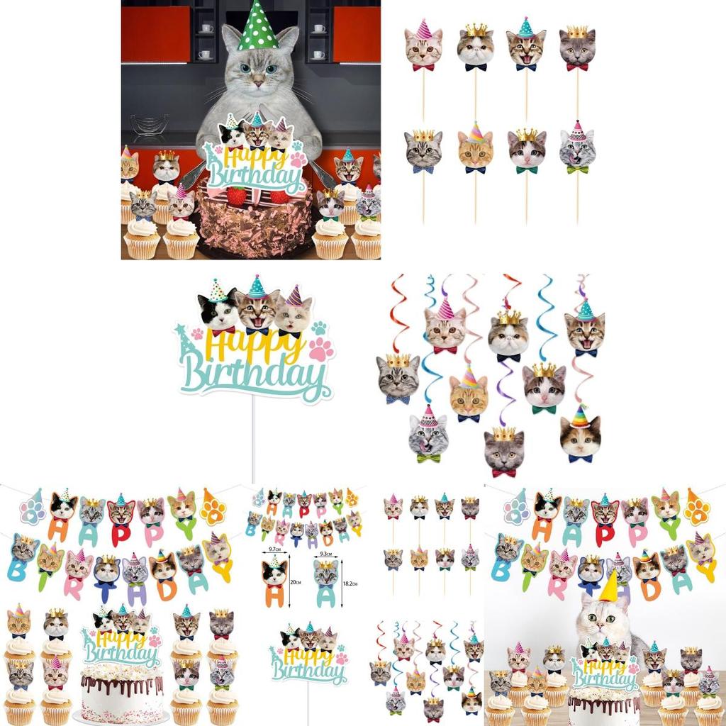 Adorable Cat Theme Birthday Party Decoration Set With Colorful Banners And Cake Toppers