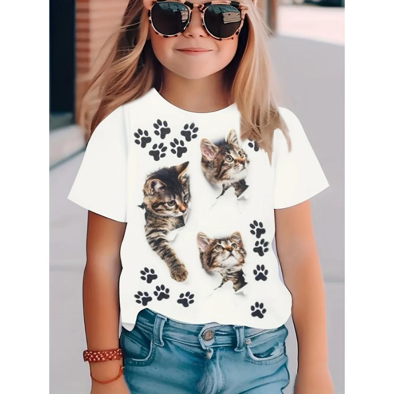 Three Little Flower Cats 3D Digital Print Round Neck Short Sleeve T-Shirt for Boys and Girls, Breathable and Comfortable M029
