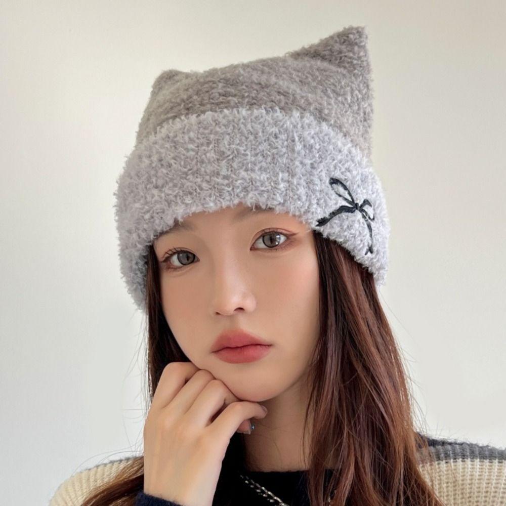 Bow Knitted Beanie Hat Keep Warm Winter Knitted Hat Fashion Cat Ears Hat  Streetwear