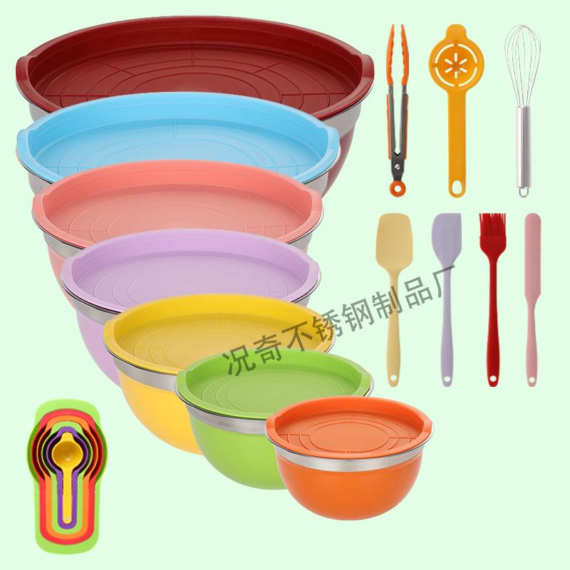 American-Style Silicone-Lidded Salad Bowl Set - Stainless Steel, Multi-purpose for Cooking, Baking, and Egg Beating.