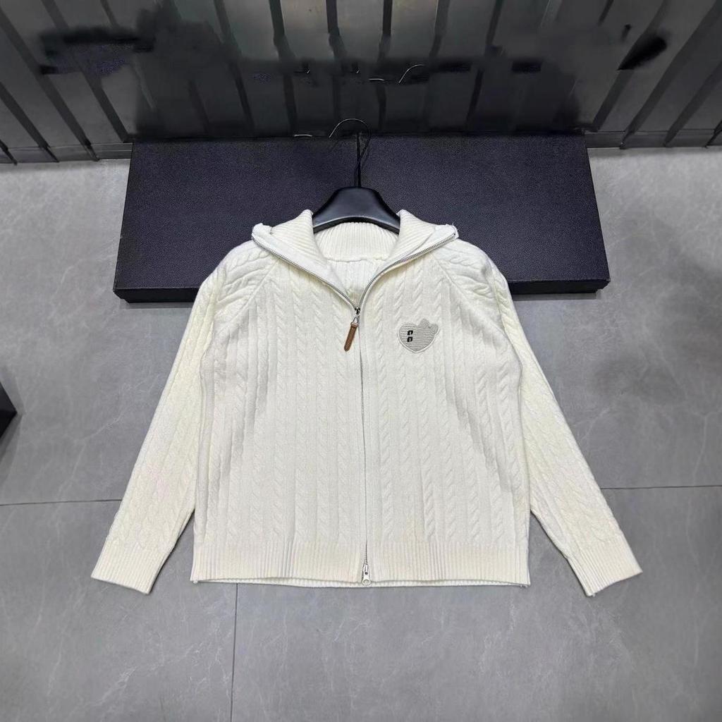 Miu Style 2025 Autumn/Winter Color Block Embroidery High Neck Cable Knit Elegant Cardigan