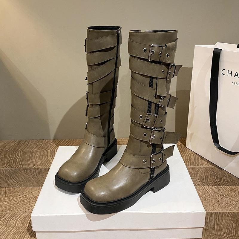 Wasteland Wind Boots 2025 New Women's Shoes Thick Sole But Knee Fat Mm Round Head High Boots Widened Locomotive Boots