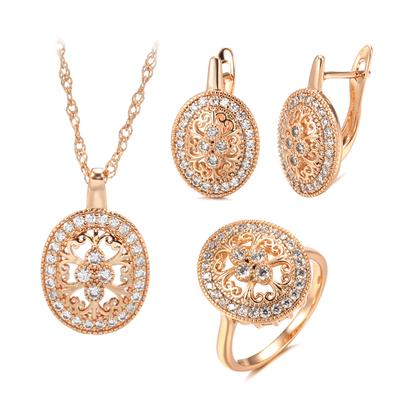 Fashion  Rose Gold Necklace Earrings Ring Sets For Women Natural Zircon Ethnic Flower Bride Wedding Jewelry Set
