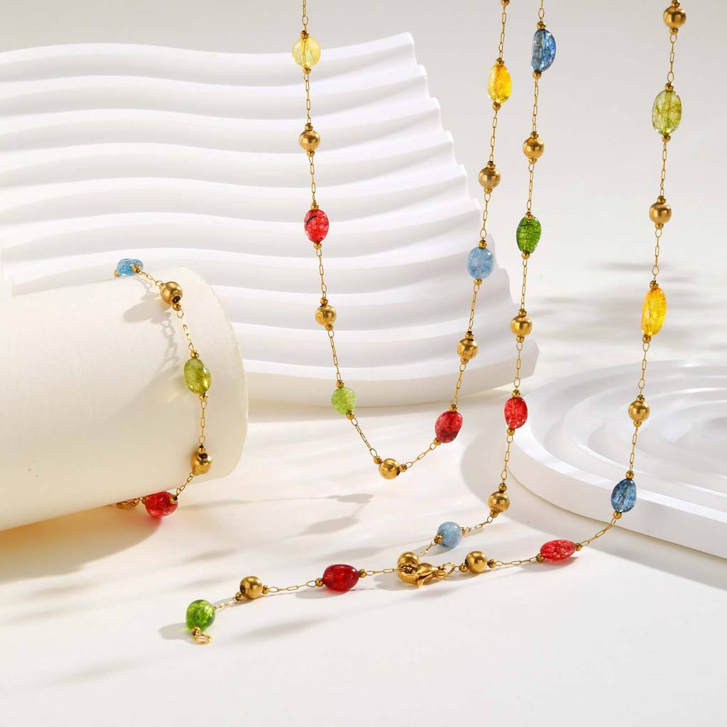Fashion Colored Stone Y-Shaped Stainless Steel Natural Stone Gold Necklace Women'S Jewelry 2309