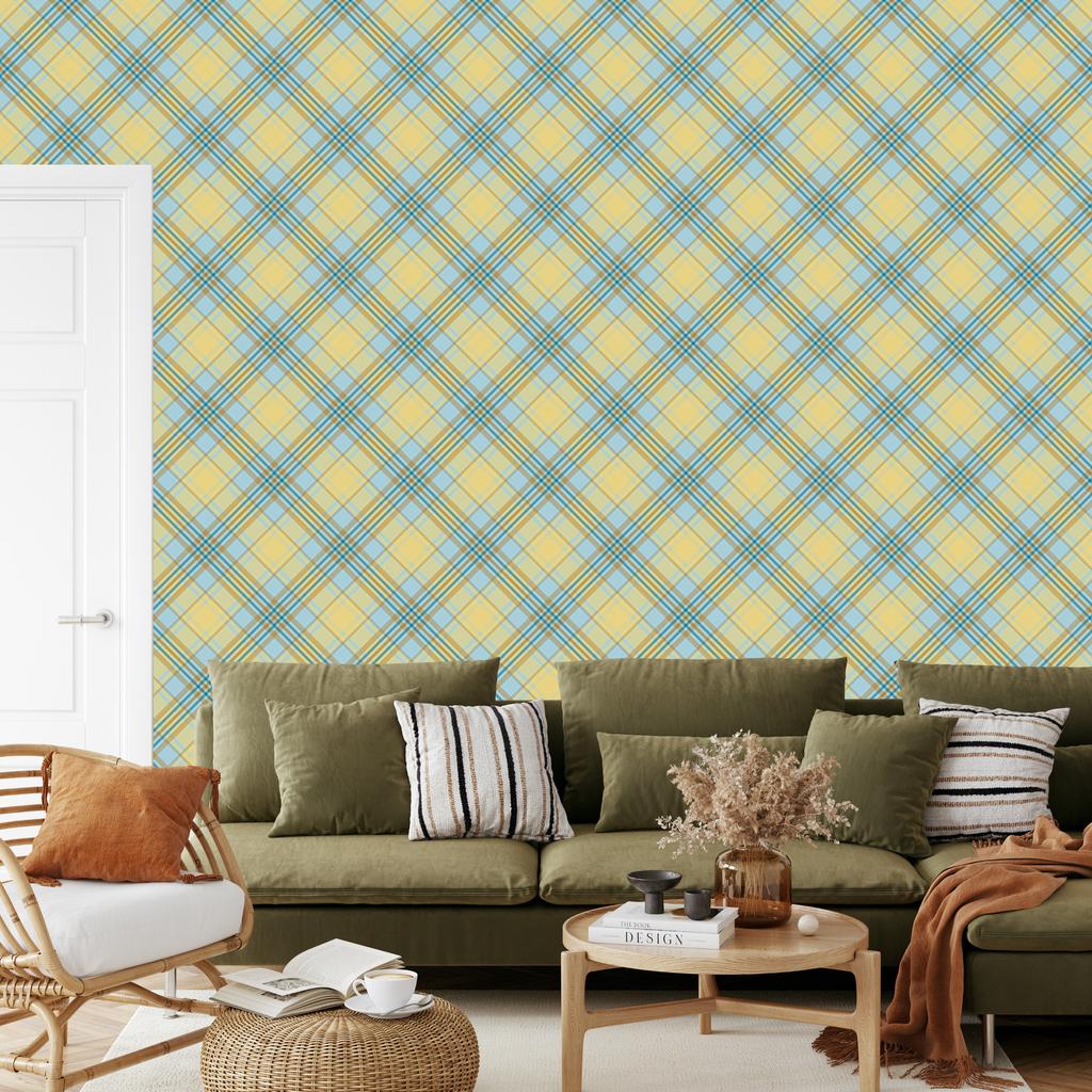 Yellow and blue checkered wallpaper, beige and yellow, for the living room and bedroom, 50x1000