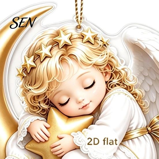 Festive Tree Ornament Christmas Angel Pendant with Lanyard, 2D Flat Acrylic Hanging for Holiday Gift Decoration, Cute Decor Party Car Window Stocking