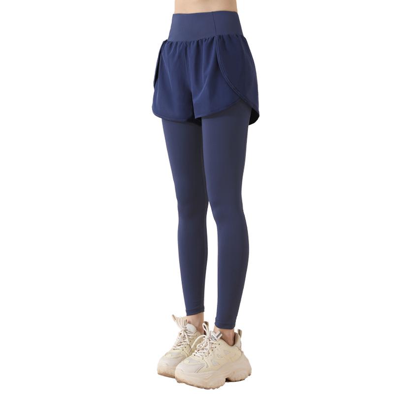 2025 High Waist Yoga Pants: Fake Two-Piece, Elastic, Hip-Lifting, Tummy Control, Nude Feel, Anti-Exposure Running and Fitness Wear