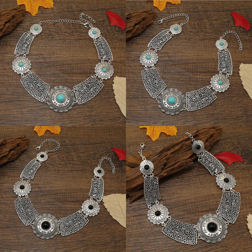 Style Simulation Ethnic Gemstone Decoration Hollow Design Women Necklace Metal