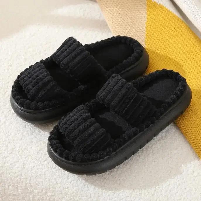 Fashion Autumn Winter Corduroy Home Slippers Women Cross Band Thick Soft Sole Slides Platform Shoes Female Non Slip Indoor Slippers