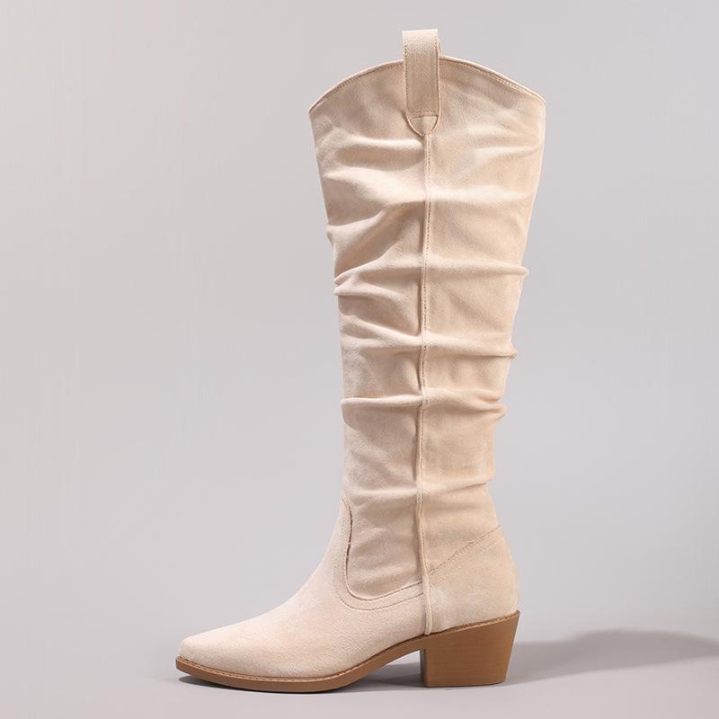 

Складные длинные сапоги эластичные сапоги до колена на одной педали 2025 новые остроносые модные удобные тонкие высокие сапоги на толстом каблуке 42 абрикосовый