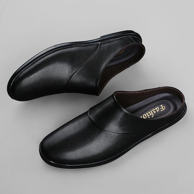 Fashion Genuine Leather Mens Half Slippers Summer Breathable Casual Shoes Slip-on Lazy Driving Shoes Walking Loafers Moccasins Half Drag