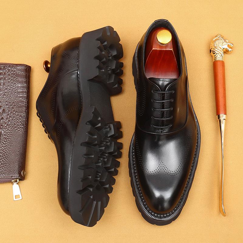 Leather Dress Leather Shoes Business Casual Thick Sole Heightening Block Engraved Wedding Men'S Shoes