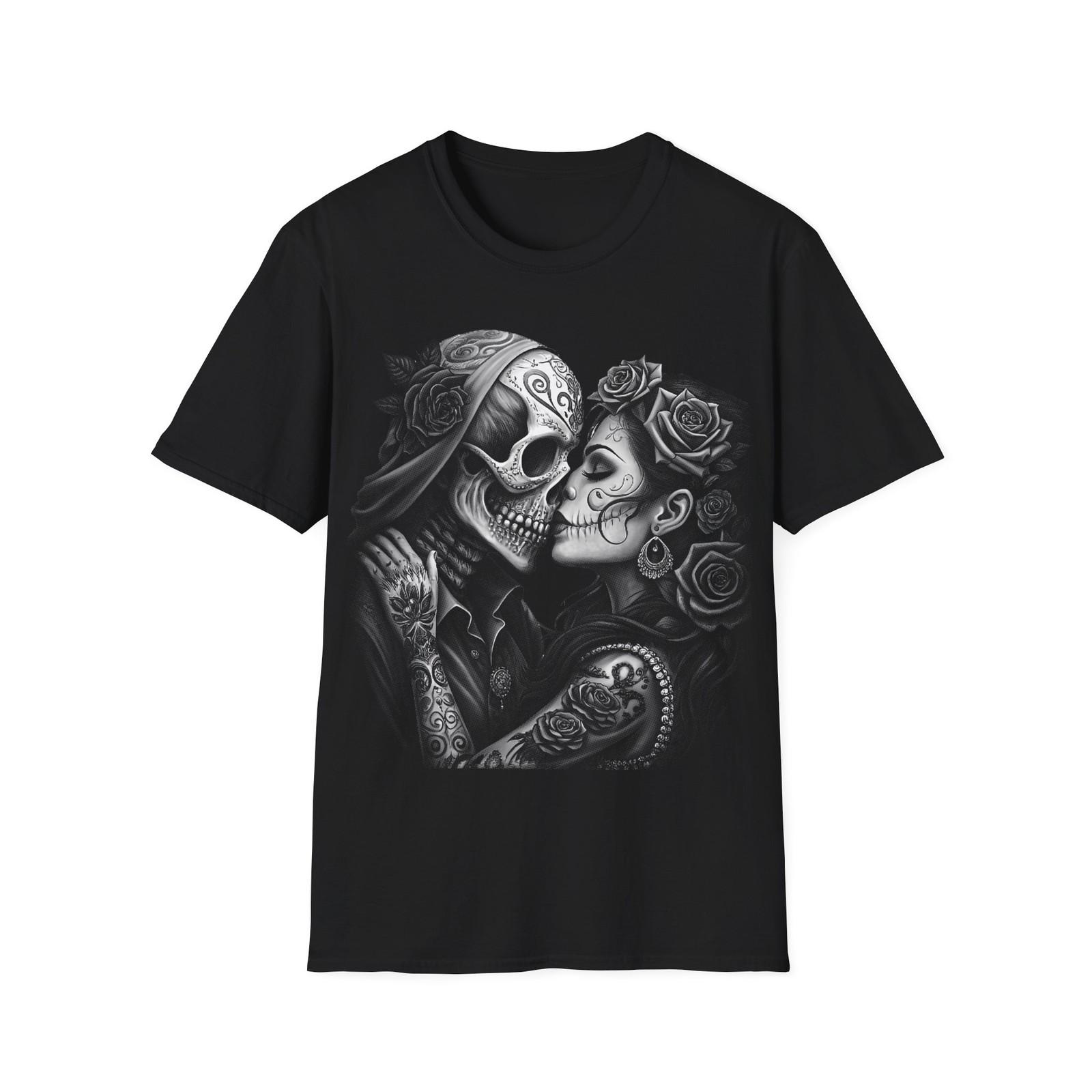 Sugar Skull Kiss Unisex T-Shirt - Halloween Skeleton Shirt, Gothic Apparel S