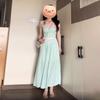 French Green Strappy Women's Summer Dress 2026: Petite Waist-Cinched Beach Vacation Long Dress