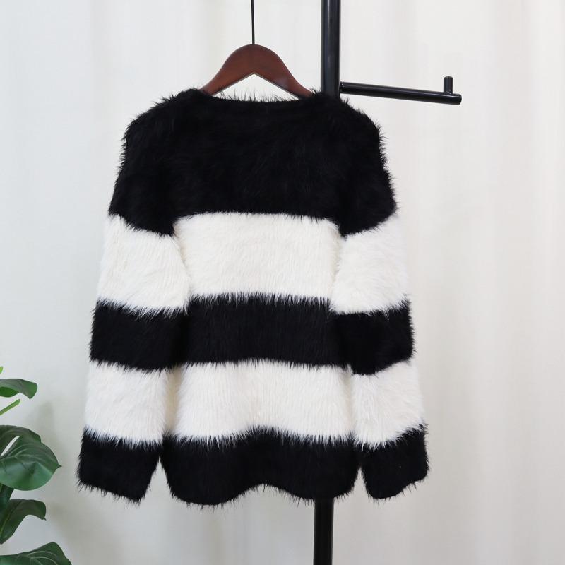 Thickened contrasting stripes imitation mink fleece sweater jacket autumn and winter new high-end loose knitted cardigan women