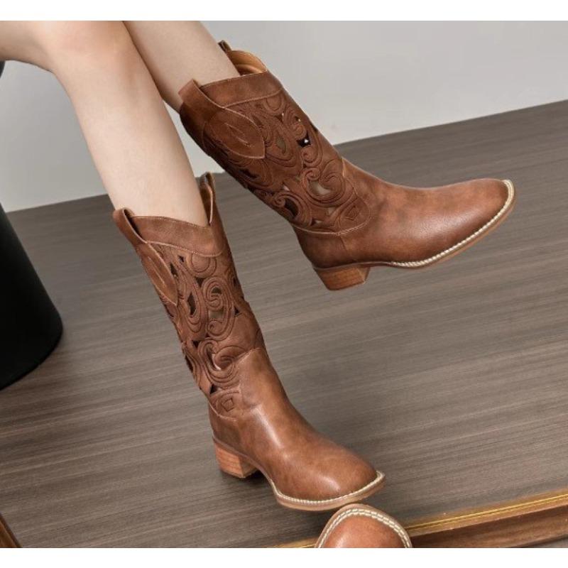 New Hollow Embroidered Vintage Western Boots Women Autumn Chunky Heels Knee High Cowboy Boots Woman Leather Knight Boots