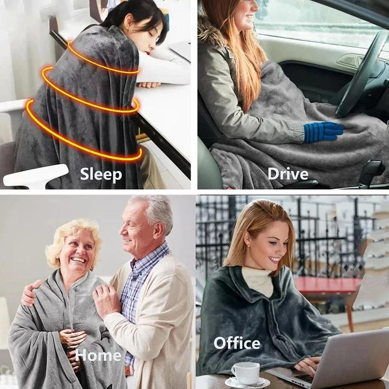USB Wearable Heating Electric Blanket Shawl Coral Velvet 8 Heated Areas Fast Heating 3 Heated Level Portable Body Warmer Blanket