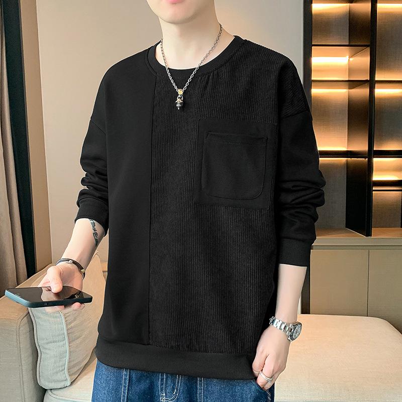 Tröja med rund hals Herr Långärmad T-shirt Höst Ny Trendig Casual Underdel Lös T-shirt Topp för Män