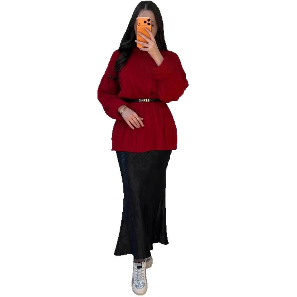 Women's Autumn 2026 Round Neck Knit Sweater with Belt and Long Sleeves