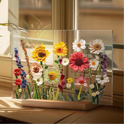 Clear Desk Decorative Sign With Wood Stand, Aesthetic Transparent Desktop Ornament, Floral Printed Acrylic Sign For Friend Sister Birthday Gifts
