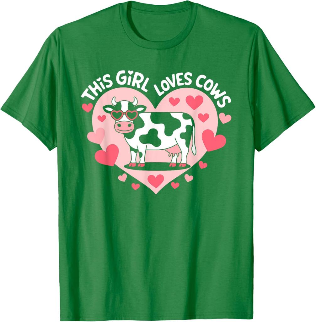 Cute Cartoon Cow Heart Graphic Tee This Girl Loves Cows Farm Animal T-Shirt Unisex Print Machine Washable