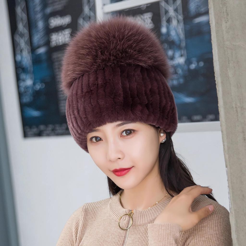Women Winter Luxury Rabbit Fur Hat Knitted Rex Rabbit Fur Hat Top  Fox Fur Cap Genuine Fox Fur Beanies Hat