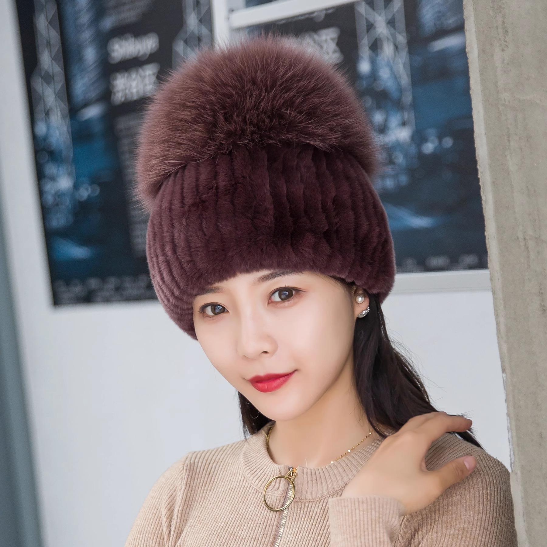 

Жіноча зимова розкішна шапка з хутра кролика В язана шапка з хутра кролика рекс Верхня шапка з хутра лисиці Шапка-біні з натурального хутра лисиці One Size(55-59cm) кавовий/фіолетовий