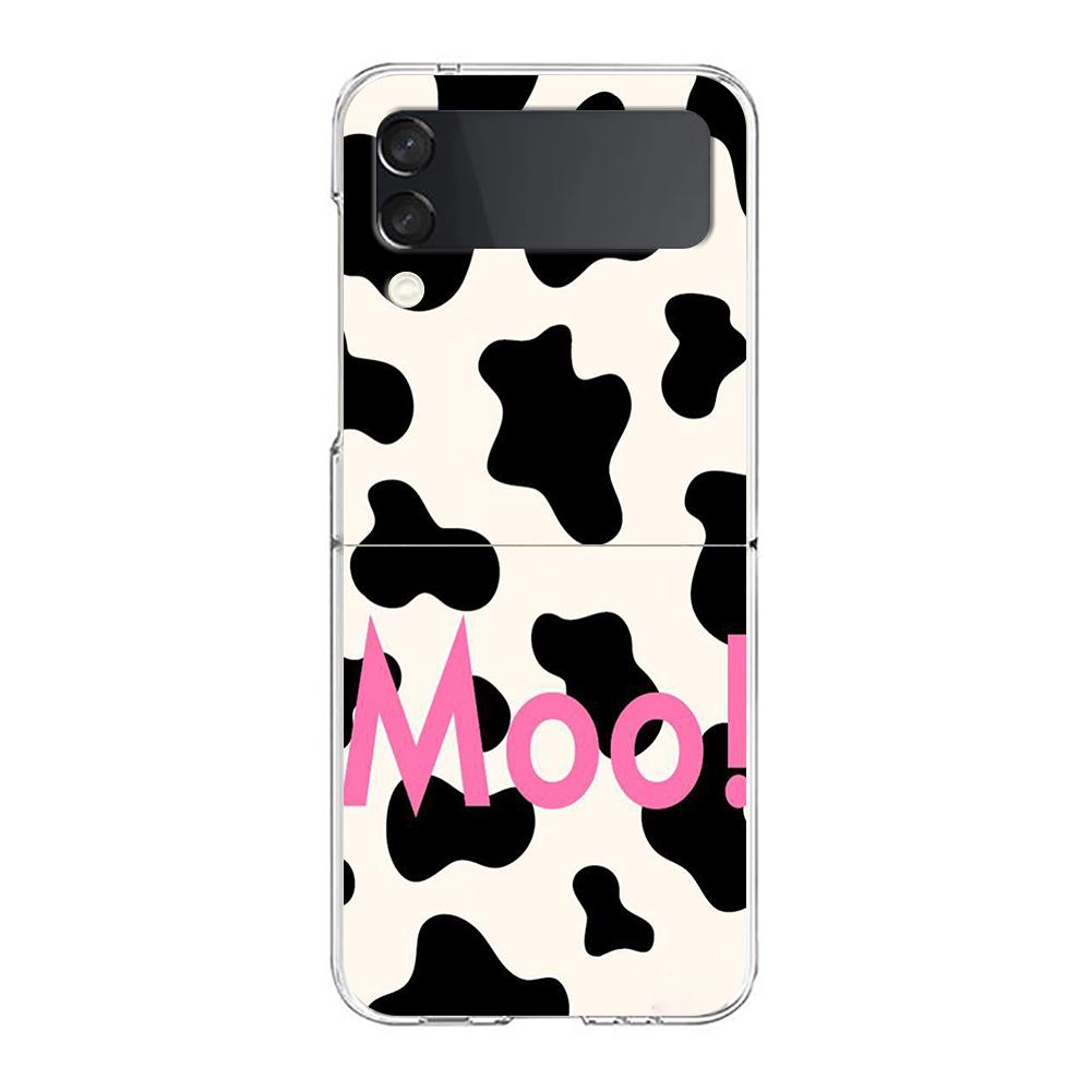 Transparent Phone Case For Samsung Galaxy Z Flip 3 4 5 6 7 Hard Folding PC Z Flip3 Flip4 Cover Dairy Cattle Cow Speckle Cute