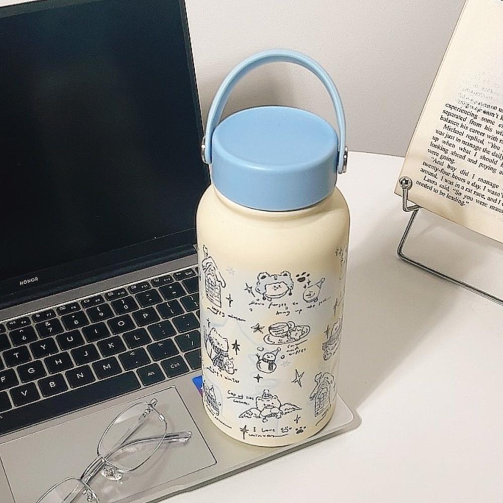 Portable Bowknot Insulated Cup 900ml Blue Vacuum Water Bottle Black Stainless Steel Thermal Car Cup