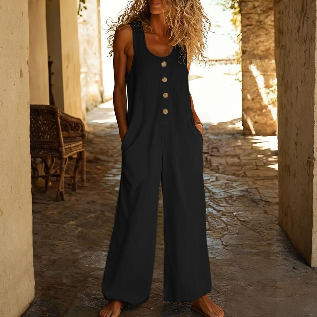 Casual Sleeveless Loose-fitting Jumpsuit With Pockets And Adjustable Straps For Women (long Length).