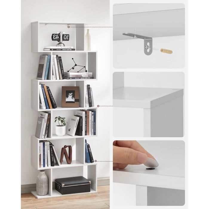 Bibliothèque, Étagère à 6 Niveaux, 24 x 70 x 191.6 cm, Meuble de rangement, Cloison Séparateur, Moderne,Blanc Nuage