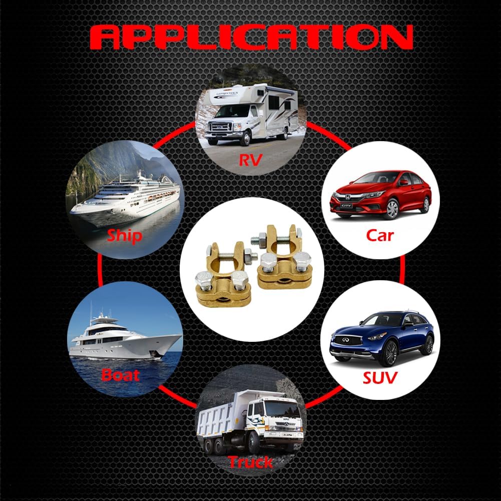 Ampper Brass Battery Terminals Connectors Clamps, Top Post Battery Terminal Protector Set For Marine Car Boat RV Vehicles (1 Pair)