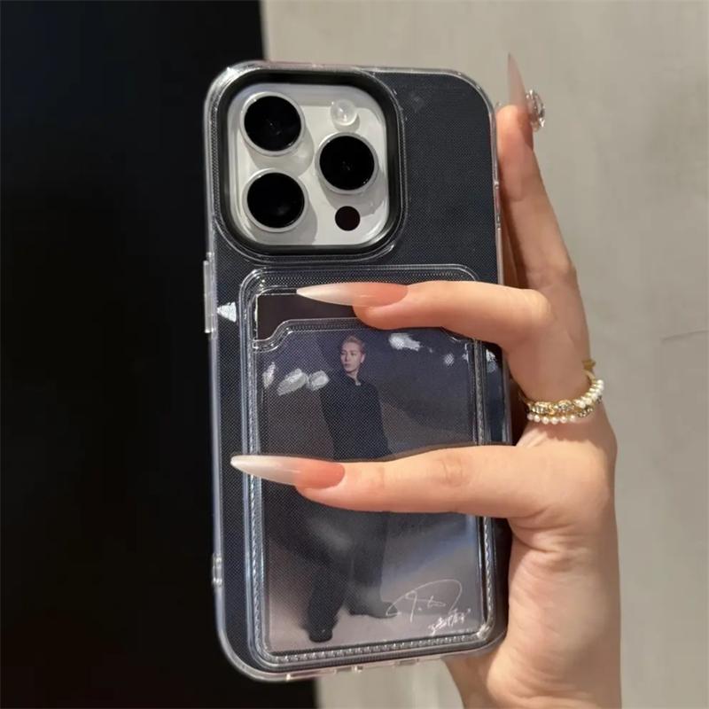 2in1 Card Holder Slot Wallet Po Pocket Clear Candy Color Case For iPhone 16 15 14 13 12 Pro Max TPU+PC Shockproof Cover
