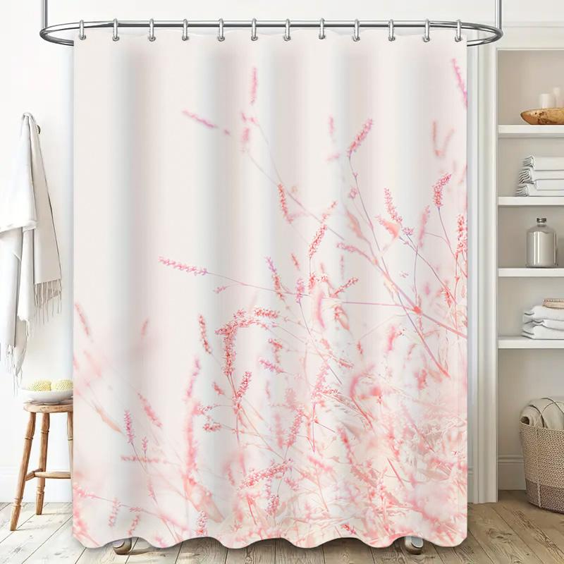 Delicate Pink Flowers Print Shower Curtain Waterproof Bath Decor for Bathroom Renovation Home Decoration White + Red Fabric Size