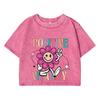 Womans Cotton Washed T-Shirts Trend Distressed O-Neck Crop Tees Positive Vitalty Smiling Flower Printing Tops Clothes