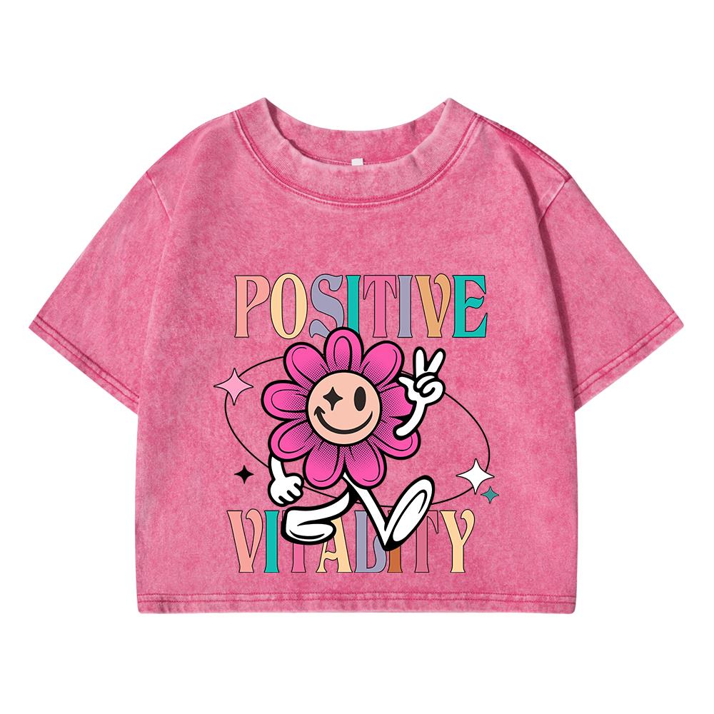 Womans Cotton Washed T-Shirts Trend Distressed O-Neck Crop Tees Positive Vitalty Smiling Flower Printing Tops Clothes