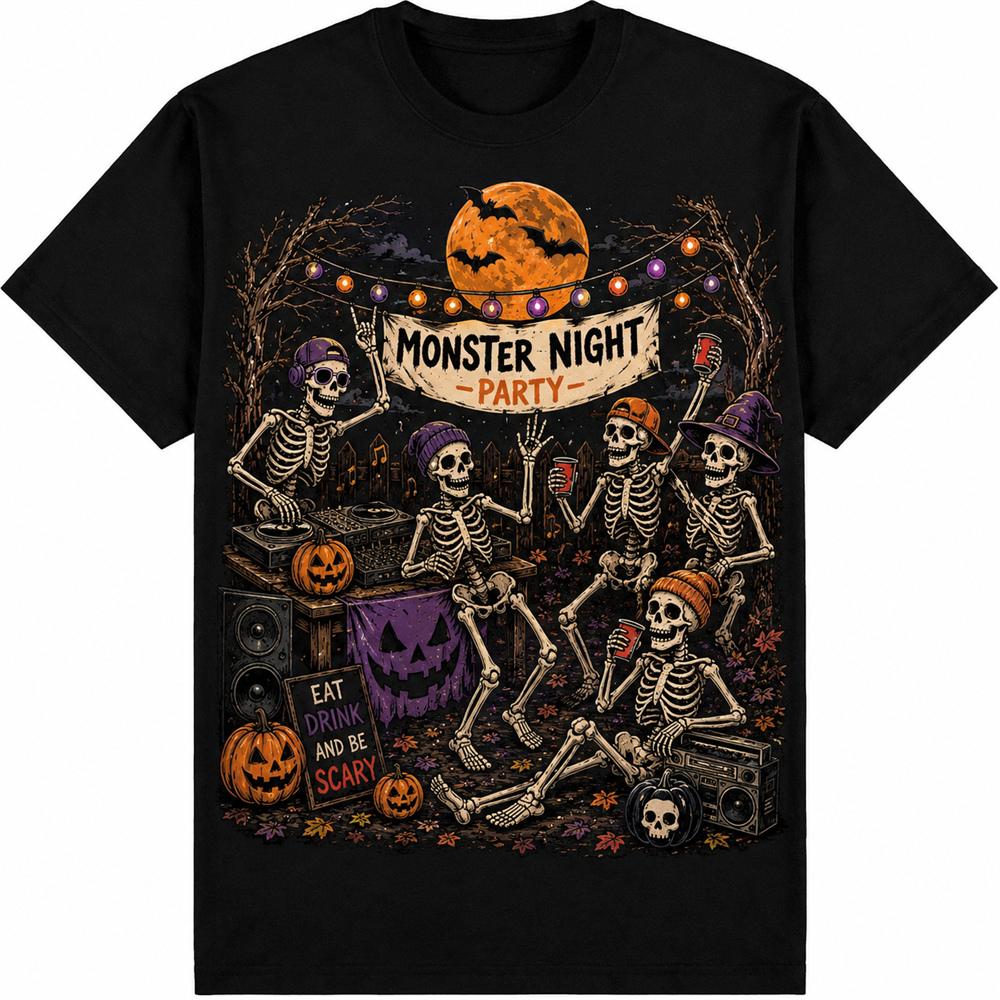 DJ Hip Hop Music And Skull Print Halloween T Shirts For Unisex Funny Party Outfit Short Sleeve Tee Top Holiday Pumpkin Pattern Top
