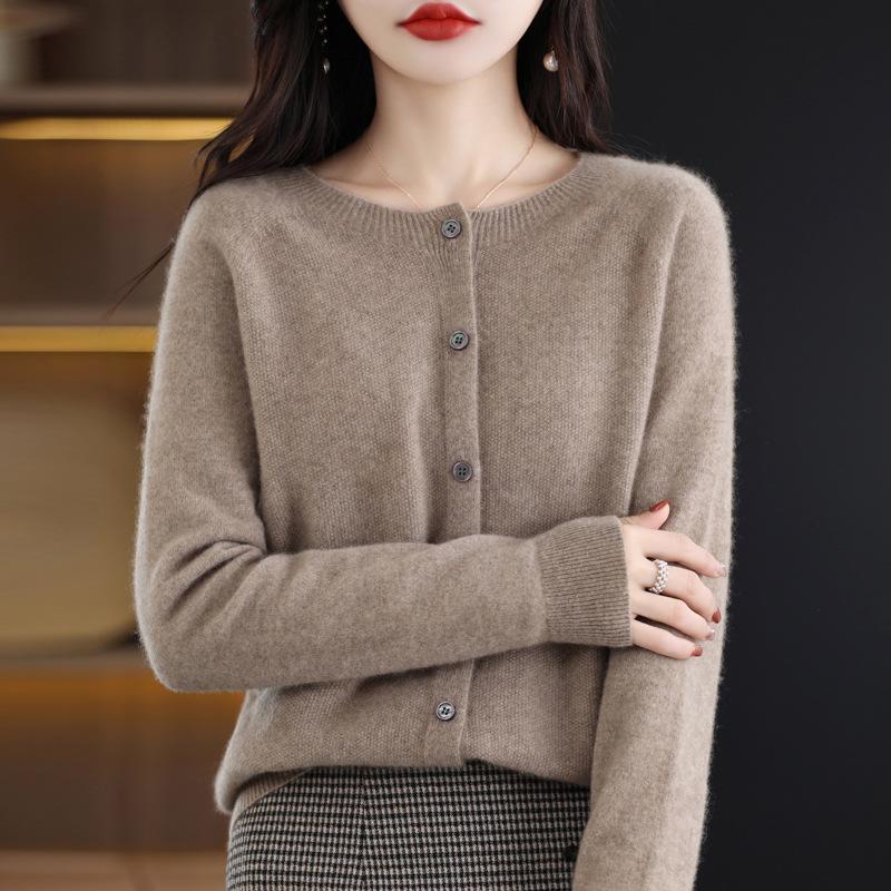 Premium Women's 100% Wool Knitted Cardigan - Slim Fit, Round Neck, Seamless Design for Autumn & Winter