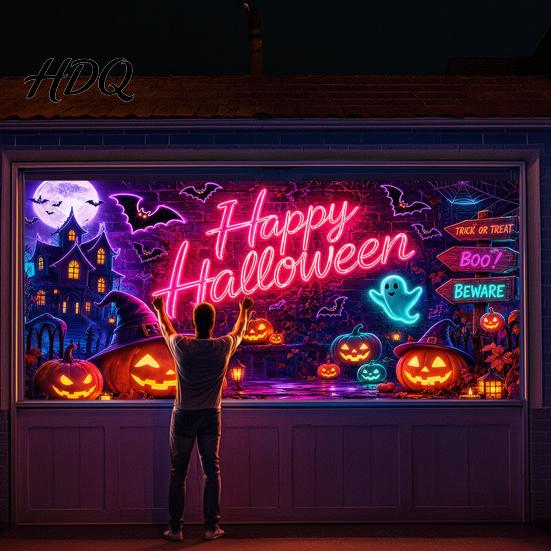 Large Spooky Holiday Banner Halloween Garage Door Banner Pumpkin Ghost Spider Web Patterns Yard Flag Polyester Festive Wall Sign for Party
