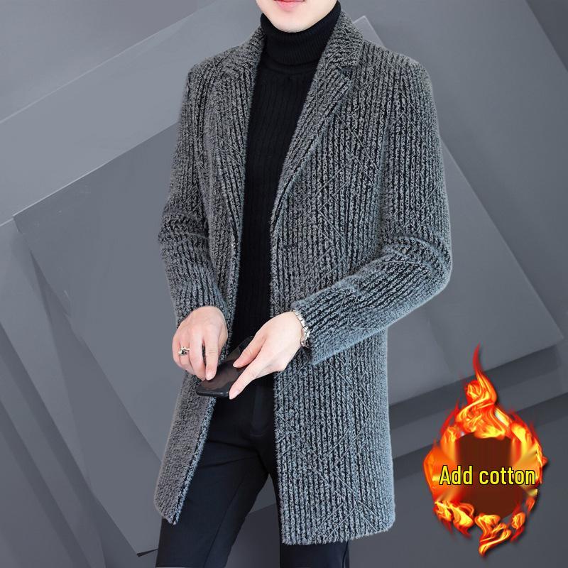 Men's Striped Mid-Length Overcoat Suit Collar Trench Coat, 2023 Autumn/Winter, Youth Plus Cotton, Thickened.