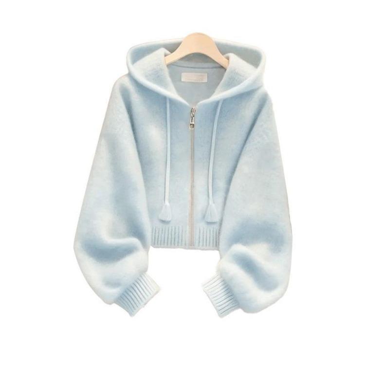 Trendy Casual Women Cardigan Hooded Zipper Long Sleeve Pullover Ribbed Detail Design one size синий