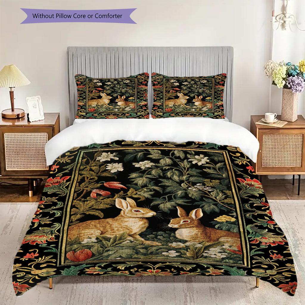 William Morris' Pastoral Flower Rabbit Bettwäsche, Bettbezug, Kissenbezug, Heimdekoration, Geburtstagsgeschenk (1 * Bettbezug+2 * Kissenbezug, ohne Füllung)