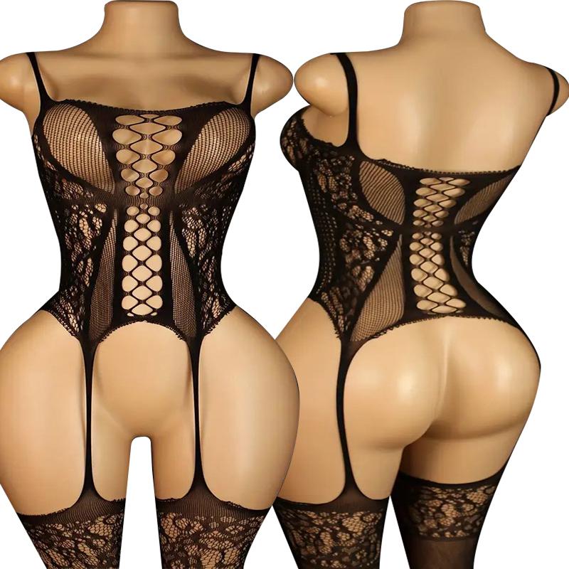 Plus Size Babydolls Clothes Sexy Fishnet Hollow Bodystockings Erotic Crotchless Lingerie Women Mesh See Through Baby Dolls Dress