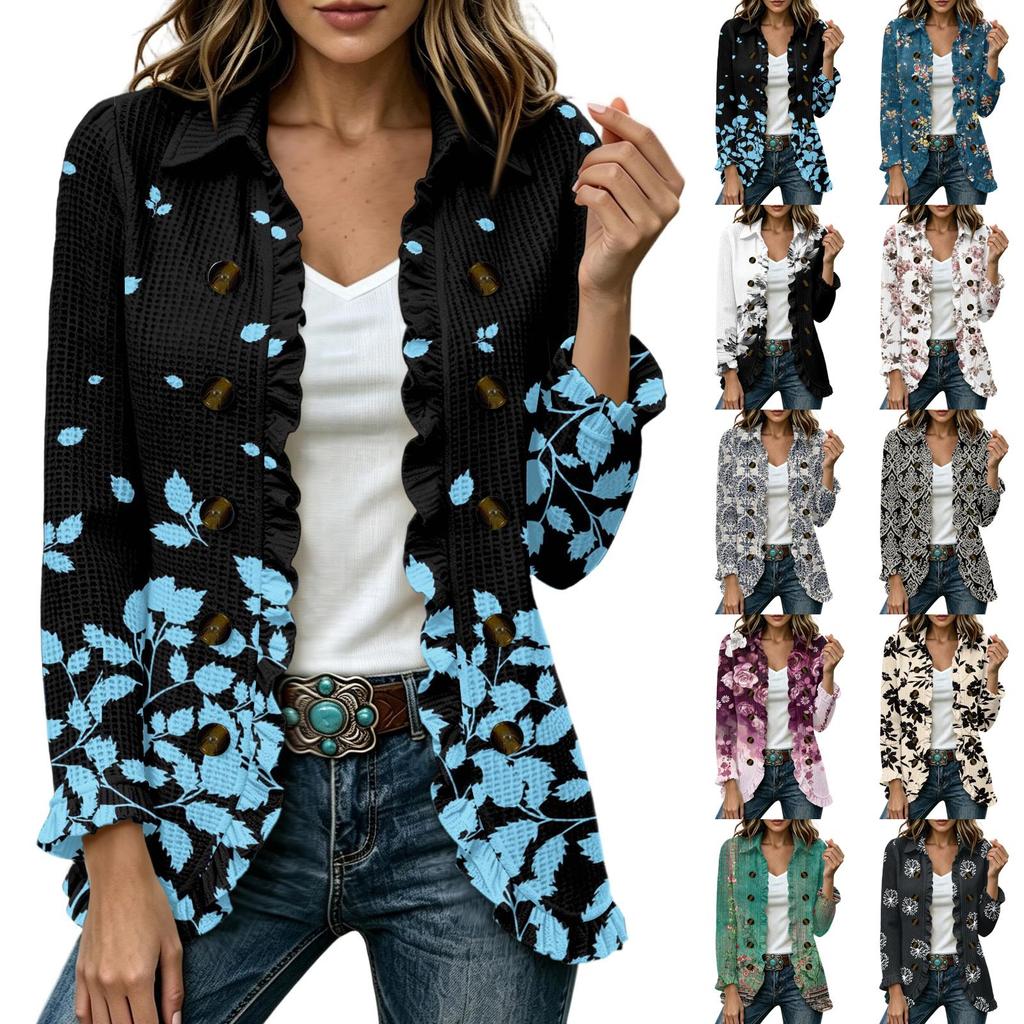 Women's Fashion Floral Print Long Sleeve Ruffle Open Front Cardigan for Casual Wear