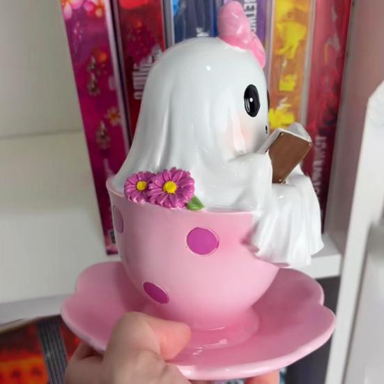 1/2Pcs Halloween Reading Ghost Figurine Pink Teacup Ghost Statue Resin Sculpture Home Office Holiday Party Desktop Decoration Ornament
