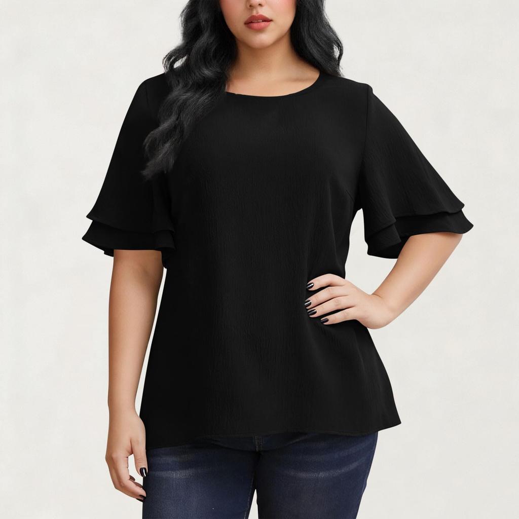 Women's Fashion Plus Size Color Round Neck Ruffled Five Quarter Sleeve Casual Loose T-shirt Top