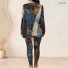Women Plus Size Printed Two Piece Set Round Neck Long Sleeve Side Slit Long Top Fitted Pants